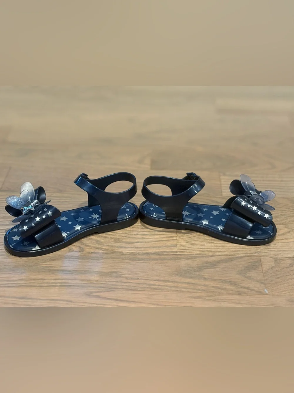 Mini Melissa Navy Star Jelly Sandals with Bow and Silver Star Accent. Never worn